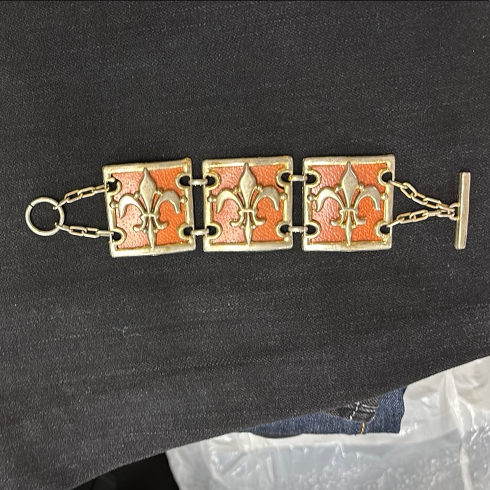 Extra Wide French Fleur de Lis Faux Leather Gold tone Bracelet Toggle